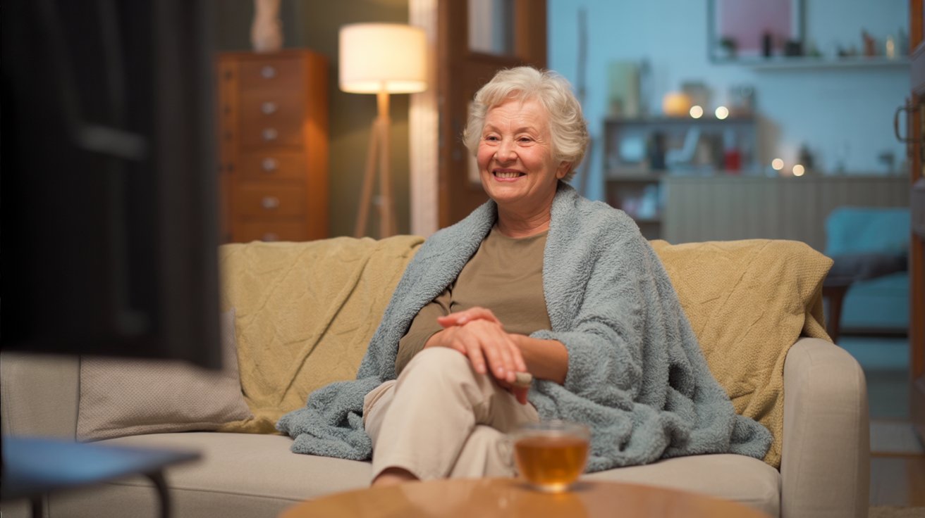 Woman enjoying TV with personal sound amplifier
